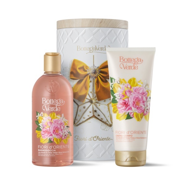 Set cadou ingrijire corp, cu extract de trandafir si Ylang Ylang, in cutie metalica, Fiori d'Oriente, 400 ML, 200 ML