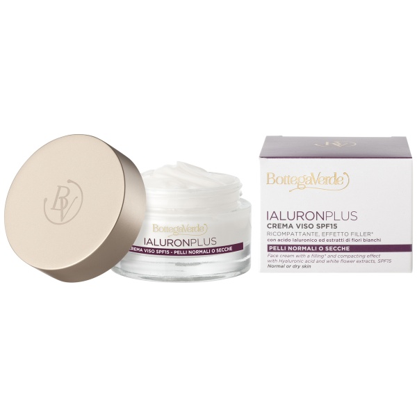 Crema de fata, efect filler, cu acid hialuronic si extract din flori albe, conceputa pentru toate tipurile de ten, SPF15 - Ialuron Plus, 50 ML