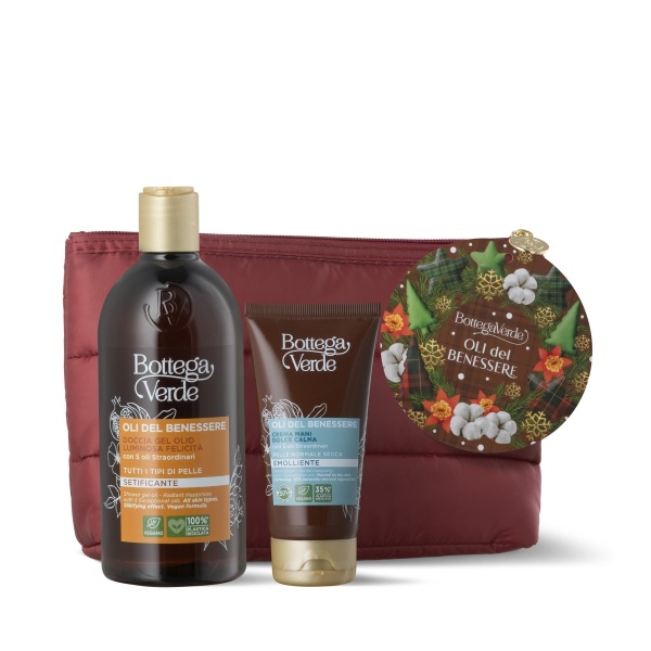 Set cadou femei, ingrijire corp, cu 5 uleiuri exceptionale si geanta de catifea - Oli del benessere, 400 ML, 75 ML - Img 1