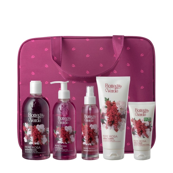 Set cadou ingrijire completa corp, cu extract de piper roz, in ambalaj textil - Pepe Rosa, 125 ML, 200 ML, 250 ML, 400 ML, 75 ML