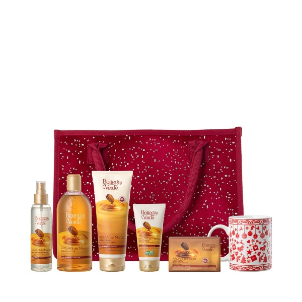Set cadou ingrijire completa corp, cu extract de argan,in ambalaj textil - Argan del Marocco, 125 ML, 150 G, 200 ML, 400 ML, 75 ML