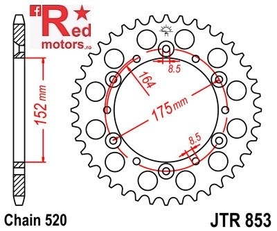 Foaie/pinion spate JTR853.52 520 cu 52 de dinti pentru Buffalo/Quelle Rex 150, 250, Derbi DXR 200, 250, Kreidler Mustang 170, 250, SMC/Barossa, Yamaha DT