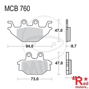 Placute frana fata STD TRW ALTN 94x47x8.7/73x47x10.7 MCB760 pentru Adly/Herchee ATV 300, Arctic Cat DVX 250, CAN-AM DS 250, Cectek Gladiator 500, Kawasaki KVF 300, Kymco MXU 500 2x4