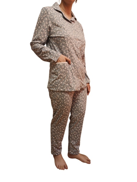 Pijama Dama Auritex cu Nastruri, Maneca Lunga 231, Albastru Deschis Flori Mici