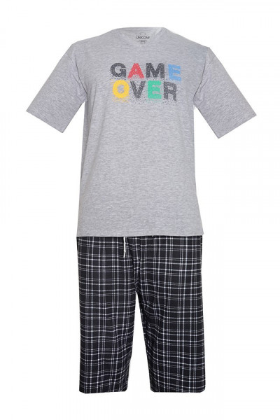 Pijama Barbati Uniconf din Bumbac, Maneca scurta, PBV28IMP100 Gri Melanj Game Over