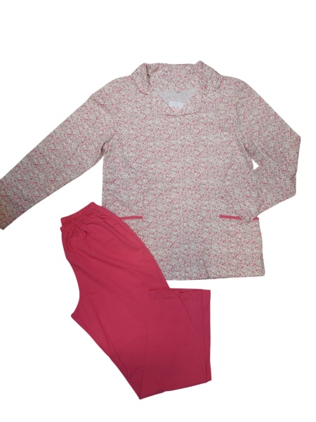 Pijama Dama Auritex cu Nastruri, Maneca Lunga 231-07, Alb-Coral FLORAL