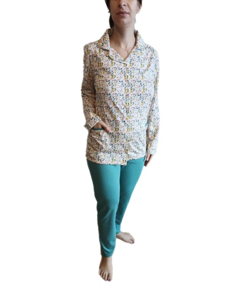 Pijama Dama Auritex cu Nastruri, Maneca Lunga 231, Alb-Verde Floral