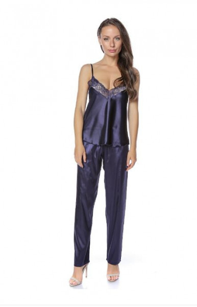 Pijama dama satin Bella, Maiou + Pantalon Lung, Sanda, Bleumarin