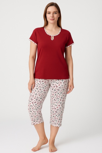 Pijama Dama Auritex, tipar Clasic, Maneca Scurta, MS 568 Bordo