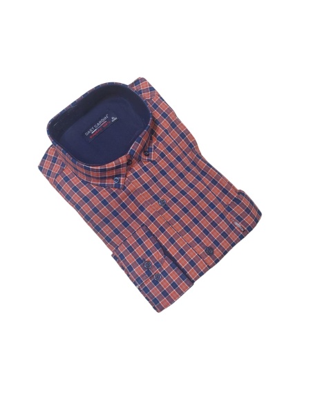 Camasa Barbati Dust Cardin, Maneca Lunga, din Bumbac, Regular Fit, Buzunar la piept, Patratele ORANGE cu BLEUMARIN