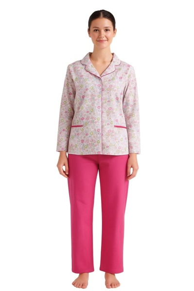 Pijama Dama Auritex cu Nastruri, Maneca Lunga ML 231-01, Alb-Fuxia Flori Mici