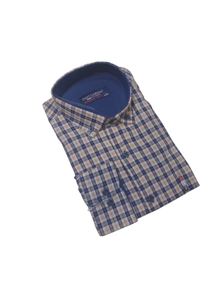 Camasa Barbati Dust Cardin, Maneca Lunga, din Bumbac, Regular Fit, Buzunar la piept, Patratele BEJ cu BLEUMARIN