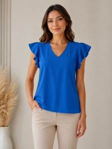 Bluza dama ANESIA din vISCOZA, Guler V, Maneca Scurta, VIOLETA Albastru Electric