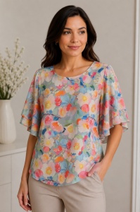 Bluza dama ANESIA din Viscoza, Maneca Scurta, CORINA-01 GRI FLORAL