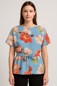 Bluza dama Soft & Seven by Sofiaman, din Viscoza, Tipar Lejer Maneca Scurta, JUNE T23-013 Bleu-FLORAL