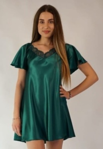 Camasa de noapte Bella Lingerie, din saten, Maneca Scurta, PATRICIA Verde Smarald