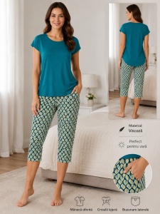 Pijama / Compleu Dama Soft&Seven By Sofiaman, Maneca Scurta, din Viscoza ENYA T21-005 TURCOAZ