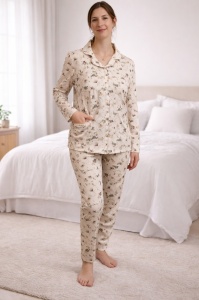 Pijama Dama Auritex cu Nastruri, Maneca Lunga ML 231-03 Bej Floral - Img 3