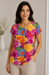 Bluza dama ANESIA din Viscoza, Guler rotund, Maneca Scurta, MARCELA-03 ORANGE-FLORAL