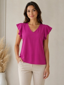 Bluza dama ANESIA din vISCOZA, Guler V, Maneca Scurta, VIOLETA Fuxia