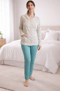 Pijama Dama Auritex cu Nastruri, Maneca Lunga 231-06, Alb-Verde Floral