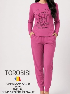 Pijama Dama TOROBISI TRICOTEX, cu Mansete si Imprimeu, ML 80 Zmeura