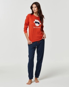 Pijama Fete POMPEA , din Interlook, cu Manseta, OAIE Rosu Teracota