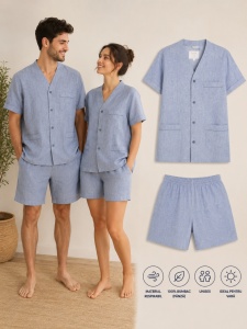 Pijama UNISEX din Panza, Maneca Scurta cu Nasturi, UNI - Albastru Denim