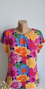 Bluza dama ANESIA din Viscoza, Guler rotund, Maneca Scurta, MARCELA-03 ORANGE-FLORAL - Img 2