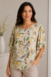 Bluza dama ANESIA din Viscoza, Maneca Scurta, CORINA-02 BEJ FLORAL