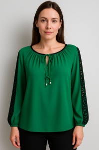 Bluza dama Anesia din Voal Uni, Maneca Lunga cu Dantela Aplicata, Verde - Img 1