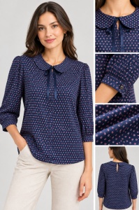 Bluza dama Coquette, Maneca 3/4 cu Guleras, Model GINA - BLEUMARIN Buline