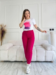 Compleu Fete Adrom,Tricou + Pantaloni, PAINT 4052-24 Alb-Fuxia