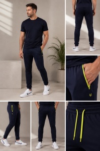  Pantaloni de Trening KNOX, MODERN FIT, cu fermoar la buzunar, P.4104 BLEUMARIN & Verde, - Img 3