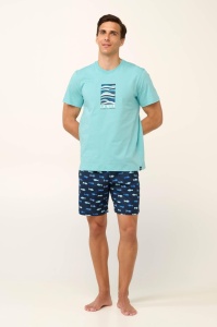 Pijama Barbati VAMP, din Bumbac, cu Imprimeu MS 22640 Albastru Deschis