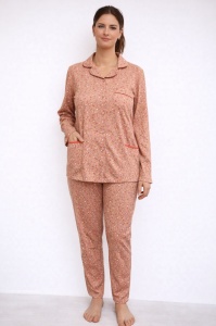 Pijama Dama Auritex cu Nastruri, Maneca Lunga 231-04, LILIAC Flori Mici