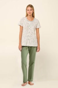 Pijama dama VAMP, din Bumbac, cu Nasturi, MS+PL 22248 Alb-Verde Olive