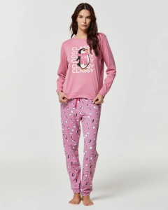 Pijama Fete POMPEA , din Interlook, cu Manseta, PINGUIN Roz