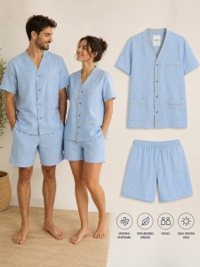 Pijama UNISEX din Panza, Maneca Scurta cu Nasturi, UNI - Albastru Deschis