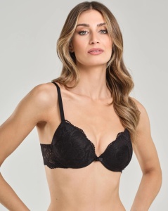 SUTIEN SPIMAN, Push UP, cu Armătură si Dantela Jaqart, ARIEL - NEGRU