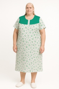 Camasa de Noapte Dama Auritex Maneca Scurta, FLORAL 119 MS, Alb-Verde Floral - Img 1