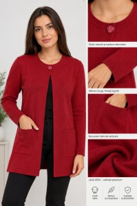 Cardigan dama tricotat Acvila, din Lana, Model KITI Bordo