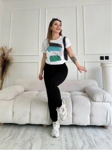Compleu Fete Adrom,Tricou + Pantaloni, PAINT 4052-24 Alb-Negru