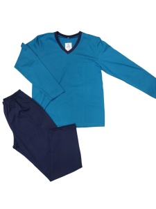 Pijama Barbati Auritex din Bumbac, Maneca Lunga, Guler V 229 ML Albastru Petrol - Img 2