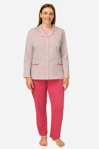 Pijama Dama Auritex cu Nastruri, Maneca Lunga 231-07, Alb-Coral FLORAL