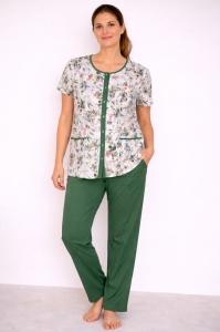 Pijama Dama Auritex cu Nastruri, Maneca scurta 543-03 Alb Floral - Kaki