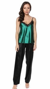 Pijama dama satin Bella, Maiou + Pantalon Lung, Cristina, Verde Smarald - Img 3