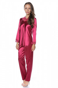 Pijama dama satin Bella, Maneca + Pantalon Lung, Carla, Visiniu - Img 5