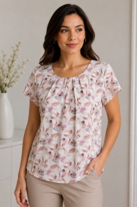 Bluza dama ANESIA din Viscoza, Guler rotund, Maneca Scurta, MARCELA-02 BEJ FLORAL