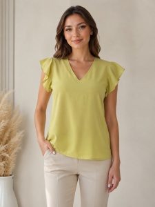 Bluza dama ANESIA din vISCOZA, Guler V, Maneca Scurta, VIOLETA Galben ACID
